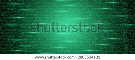 Abstract green binary code matrix background with horizontal light streaks, digital data communication technology banner.