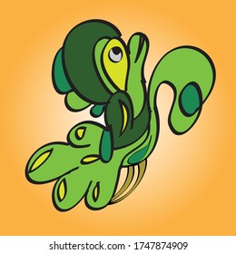 Abstract Green Bird Character Design Doodle Symbol Draw with Pen Tablet