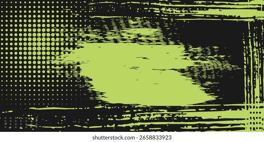 Abstract Green and Black Background Brush Texture and Halftone Effect. vector modern