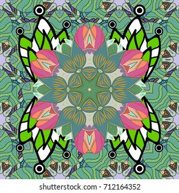 Abstract green, black and blue flowers, seamless pattern vector background.