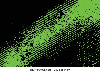 Abstract green and black grunge vector background. Dynamic design with distressed diagonal lines, halftone dots, and splatter textures, creating an energetic and edgy modern effect.