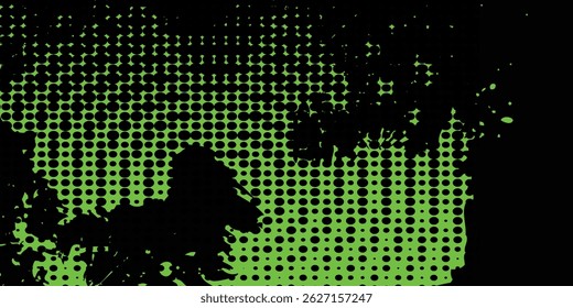 Abstract green and black grunge vector background. Dynamic design with distressed diagonal lines, halftone dots, and splatter textures, creating an energetic and edgy modern effect.Art