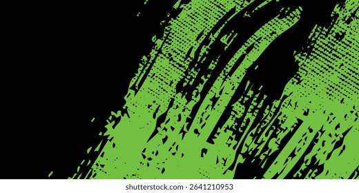 Abstract green and black grunge vector background. Dynamic design with distressed diagonal lines, halftone dots, and splatter textures, creating an energetic and edgy modern effect.Art