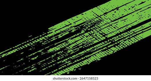 Abstract green and black grunge vector background. Dynamic design with distressed diagonal lines, halftone dots, and splatter textures, creating an energetic and edgy modern effect.Art