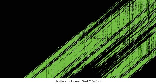 Fundo do vetor grunge verde e preto abstrato. Design dinâmico com linhas diagonais angustiadas, pontos de meio-tom e texturas de manchas, criando um efeito moderno enérgico e ousado.Art