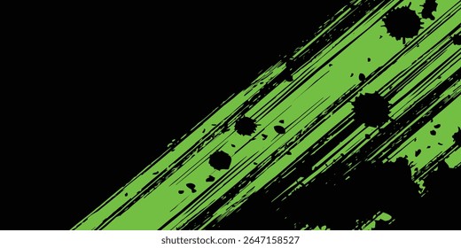 Abstract green and black grunge vector background. Dynamic design with distressed diagonal lines, halftone dots, and splatter textures, creating an energetic and edgy modern effect.Art