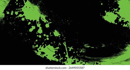 Abstract green and black grunge vector background. Dynamic design with distressed diagonal lines, halftone dots, and splatter textures, creating an energetic and edgy modern effect.Art