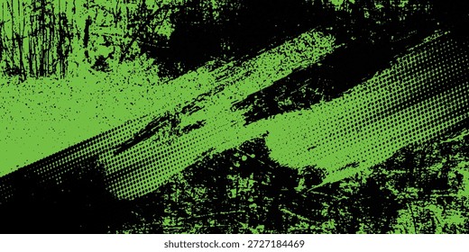 Abstractas fondo de Vector grunge verde y negro. Diseño dinámico con líneas diagonales angustiadas, puntos semitonos y texturas salpicadas, creando un efecto moderno enérgico y vanguardista.Arte