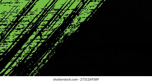 Abstract green and black grunge vector background. Dynamic design with distressed diagonal lines, halftone dots, and splatter textures, creating an energetic and edgy modern effect.Art