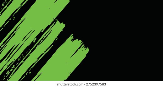 Abstract green and black grunge vector background. Dynamic design with distressed diagonal lines, halftone dots, and splatter textures, creating an energetic and edgy modern effect. vector