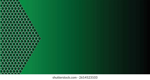 Abstract Green Black horizontal wide banner with hexagonal carbon fiber grid. honeycomb texture