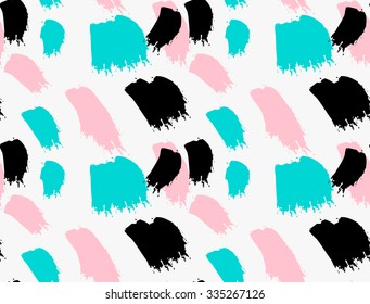 Abstract green black and pink brush strokes.Hand drawn with paint brush seamless background.Modern hipster style design.