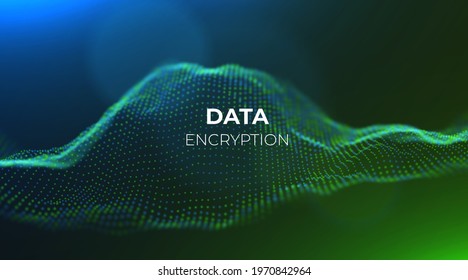 Abstract green and blue particles background. Flow wave with dot landscape. Digital data structure. Future mesh or sound grid. Pattern point visualization. Technology vector illustration.