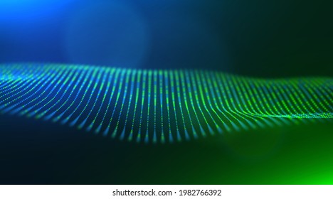 Abstract green and blue particles background. Flow wave with dot landscape. Digital data structure. Future mesh or sound grid. Pattern point visualization. Technology vector illustration.