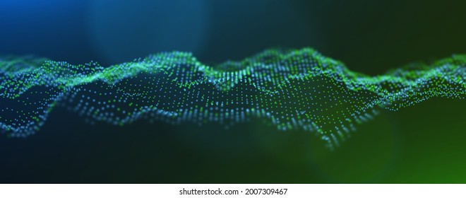Abstract green and blue particles background. Flow wave with dot landscape. Digital data structure. Future mesh or sound grid. Pattern point visualization. Technology vector illustration.