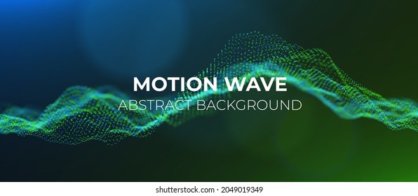 Abstract Green And Blue Particles Background. Flow Wave With Dot Landscape. Digital Data Structure. Future Mesh Or Sound Grid. Pattern Point Visualization. Technology Vector Illustration.