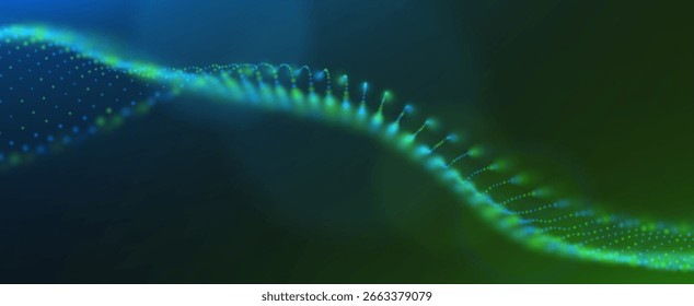 Abstractas fondo de partículas verdes y azules. Onda de flujo con paisaje de puntos. Estructura de datos digitales. Malla futura o rejilla de sonido. Visualización del punto de patrón. Ilustración vectorial de Tecnología.