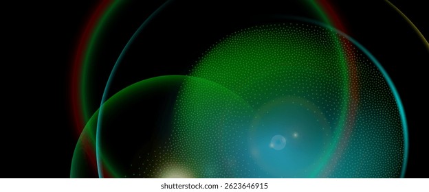 Abstract green blue and red light flare sphere glow effect. Light leaks effect. 3d orb electric shiny and halo bg Space star overlay background. Vector illustration.