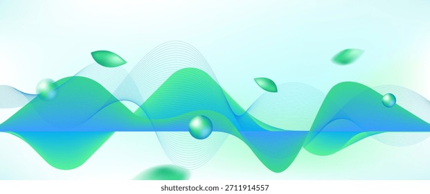 Fondo de Vector verde y azul Abstractas con ondas fluidas suaves, hojas y gotas de agua transparentes. Ideal para proyectos de diseño cosmético, de bienestar o ambiental.