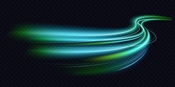 Abstract Green Blue Wave Light Effect In Perspective Vector Illustration. Magic Luminous Azure Glow Design Element On Dark Background, Flash Luminosity, Abstract Neon Motion Glowing Wavy Lines