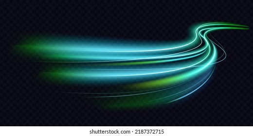 Abstract green blue wave light effect in perspective vector illustration. Magic luminous azure glow design element on dark background, flash luminosity, abstract neon motion glowing wavy lines