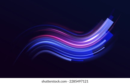 Abstract green blue wave light effect in perspective vector illustration. Magic luminous azure glow design element on dark background	