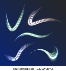 Efecto abstracto de la luz azul de la onda en la ilustración del vector de perspectiva. Resumen de las líneas ondulantes onduladas. El amarillo chispa el zag zag vortex traza de huellas de huellas efecto sobre el fondo negro. 