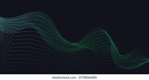 Abstract green blue wave light effect in perspective vector illustration. Magic luminous azure glow design element on dark background, flash luminosity, abstract neon motion glowing wavy lines