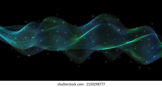 Abstract green and blue waves on black background. Light waves with stardust . Vector illustration.