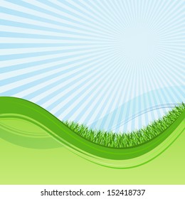Resumen fondo ondulado verde y azul con césped y ráfagas de sol.