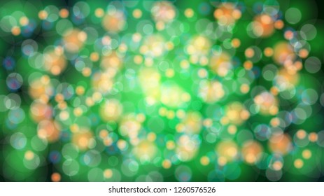 Abstract green blurred background with bokeh effect. Magical bright festive multicolored beautiful glowing shiny with light spots, round circles. Texture. Vector illustration.