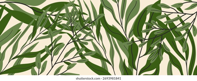 Abstractas fondo botánico verde con varias hojas en tonos claros. Anuncio minimalista con Formas naturales y colores tranquilos. Ilustración vectorial