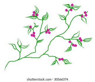 abstract green branch with pink flower on white background