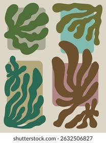 Abstract green and brown algae with squares and rectangles in the background. Minimalist paintings in doodle style.