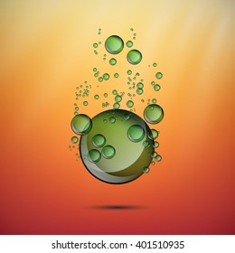 Abstract Green bubbles rising on shiny background. Water vector background.