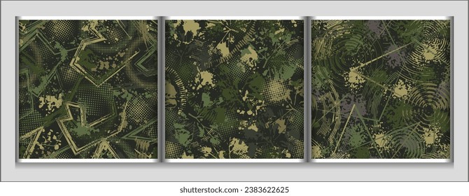 Abstract green camouflage patterns with paint splatter, smudge, paint brush strokes, broken lines, halftone shapes. Dense chaotic composition For apparel, fabric, textile, sport goods Grunge texture