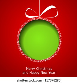 Abstract green Christmas ball cutted from paper on red background. Vector eps10 illustration