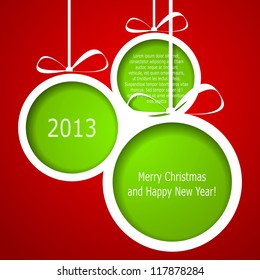 Abstract green Christmas balls cutted from paper on red background. Vector eps10 illustration