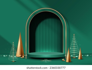 Resumen Fondo verde de la sala de Navidad con escenario podio para la exposición de productos decorados con elementos decorativos festivos. Ilustración vectorial.