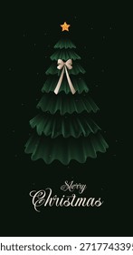 Abstract Green Christmas Tree Design with Fluid Wavy Patterns; Modern Festive Vector Illustration Featuring a Golden Star Topper and Decorative Bow for Luxury Holiday Greeting Cards