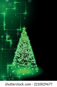 Abstract Green Christmas Tree on Tech Background with Neon Light Effects - Colored Illustration, Vector