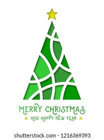 Abstract green christmas tree in paper cut design. Merry Christmas concept.