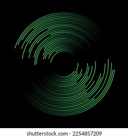 Abstract green circle lines on black background. Logo, icon or design element.