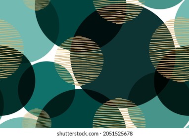 Resumen del patrón de círculos verdes sin fisuras sobre fondo blanco. La textura de círculo de solapamiento simple y moderna forma el diseño creativo con la decoración de líneas redondeadas amarillas. Material para imprimir, papel pintado, tela