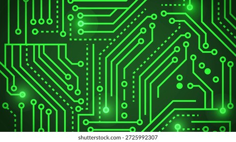 Fondo verde Abstractas de la placa de circuito con los nodos brillantes y las líneas digitales del microchip de la placa base para la tecnología informática y los conceptos electrónicos del hardware