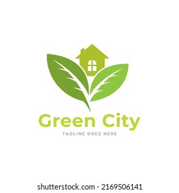 Abstract green city building logo design concept. Symbol icon of residential, apartment and city landscape.