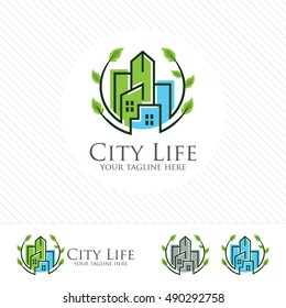 Abstract Green City Building Logo Design Concept. Symbol Icon Of Residential, Apartment And City Landscape.