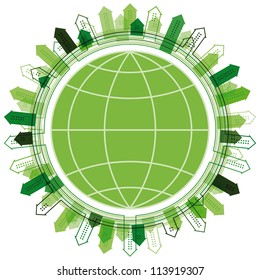 Abstract green city silhouette over the earth planet. Eps10