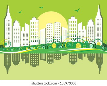 Abstract green city town vector illustration ecology background with swirls,use for backdrop,website,wallpaper,brochure,leaflet,flyer,card,banner,template.