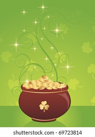 abstract green clover background with golden coins earthenware